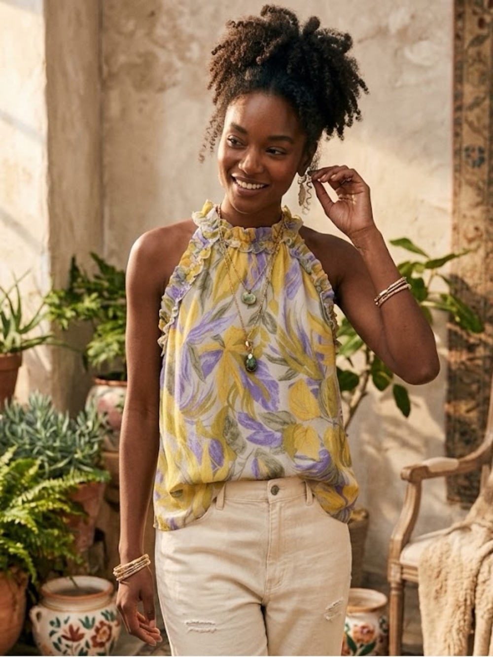 entro for Anthropologie Ruffle Halter Top- Floral Print